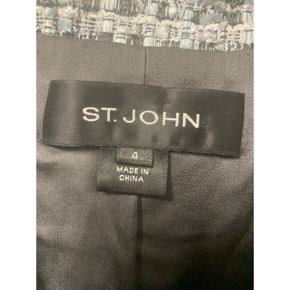 St John Boucle Tweed Blazer Grey/Blue Multicolor Fringe with Satin Trim‎ Size 4 - Picture 2 of 13